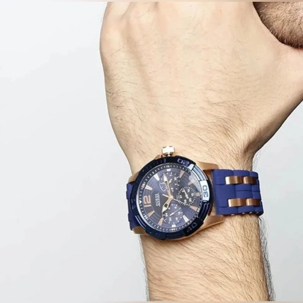 Guess Rose Gold Stainless‎ Steel Blue Silicone Strap Men Watch W0366G4